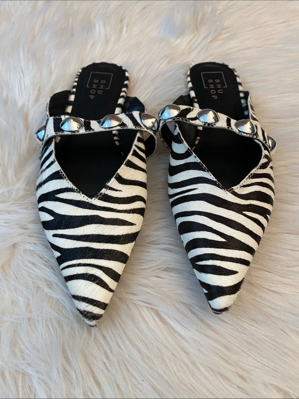 Shu Shop Alma Leather Zebra Hair Studded Pointed Toe Mules, Size 6 - Picture 13 of 16
